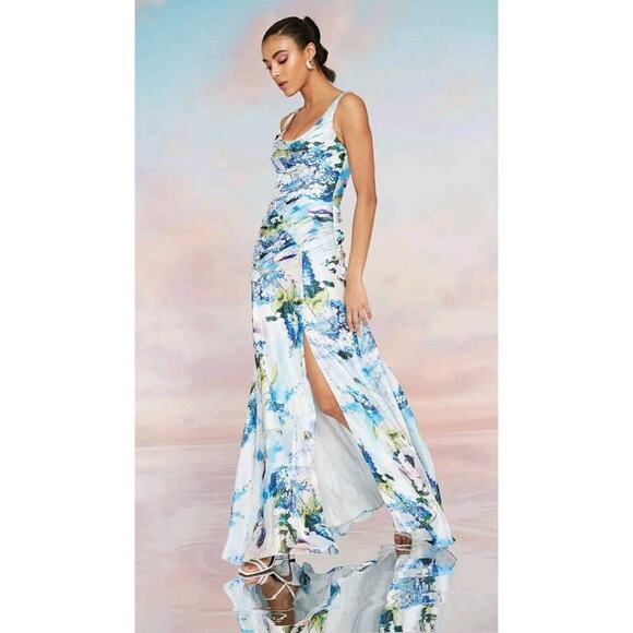 $795 THEIAMina Draped Painterly Floral GownMaxi Dress Sz 4 Blue Multicol…